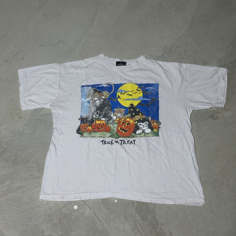 Vintage Trick Or Treat Cats Art Graphic Shirt Chic SZ XL Unisex 1990s Halloween